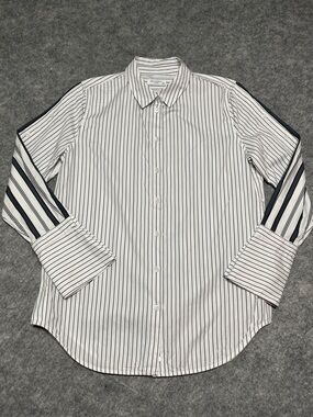 Equipment White Button-Up Shirt with Navy Stripe Detail